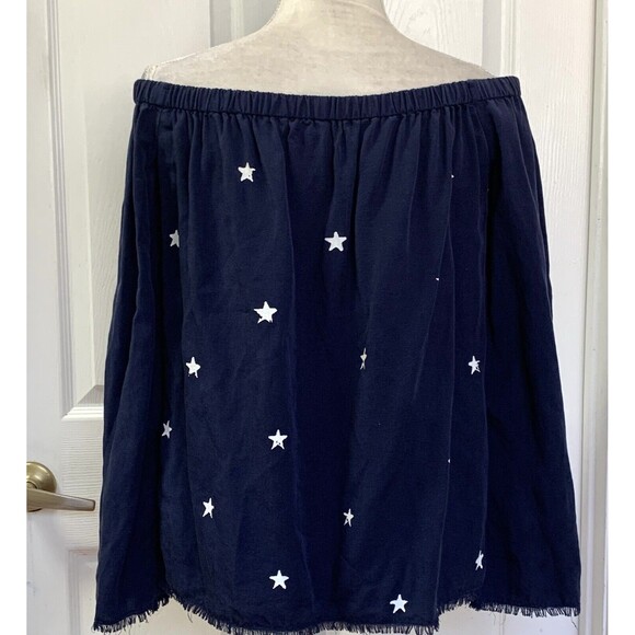 Cloth & Stone Top Blouse Women's Small Blue White Stars Off the Shoulder Raw Hem - Picture 3 of 6